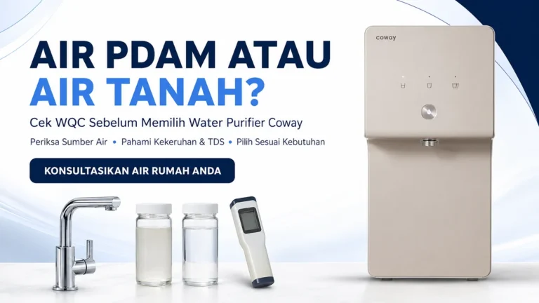 Banner konsultasi WQC untuk sumber air PDAM atau air tanah dengan Water Purifier Coway Cinnamon P-6320R.