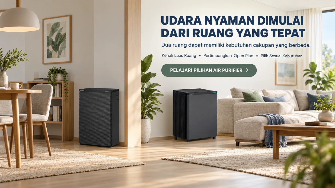 Coway Squarefit di area makan dan Squarebig di ruang keluarga modern untuk menggambarkan perbedaan kebutuhan cakupan ruangan.