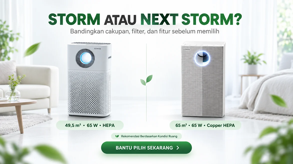Coway Storm dan Next Storm ditampilkan berdampingan dengan perbandingan cakupan 49,5 dan 65 meter persegi.