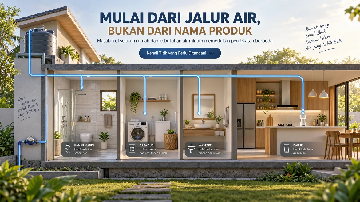 Diagram editorial perjalanan air dari jalur masuk rumah menuju kamar mandi, area cuci, dan titik air minum 