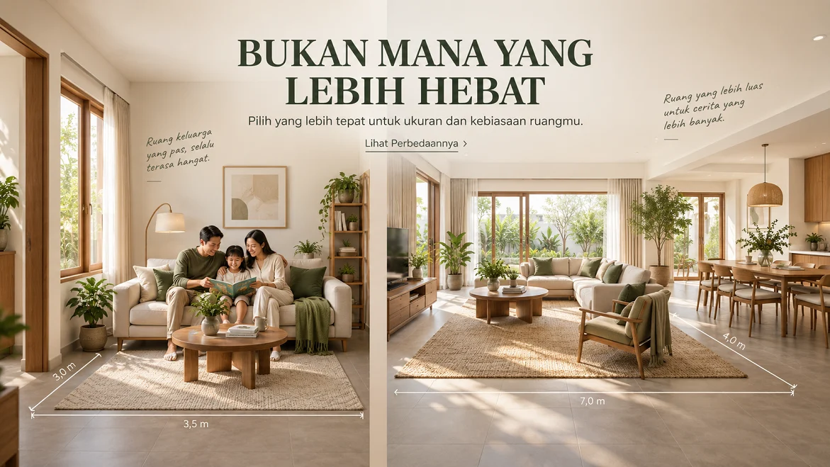 Ilustrasi ruang keluarga menengah dan area open plan sebagai panduan memilih Coway Storm atau Next Storm.