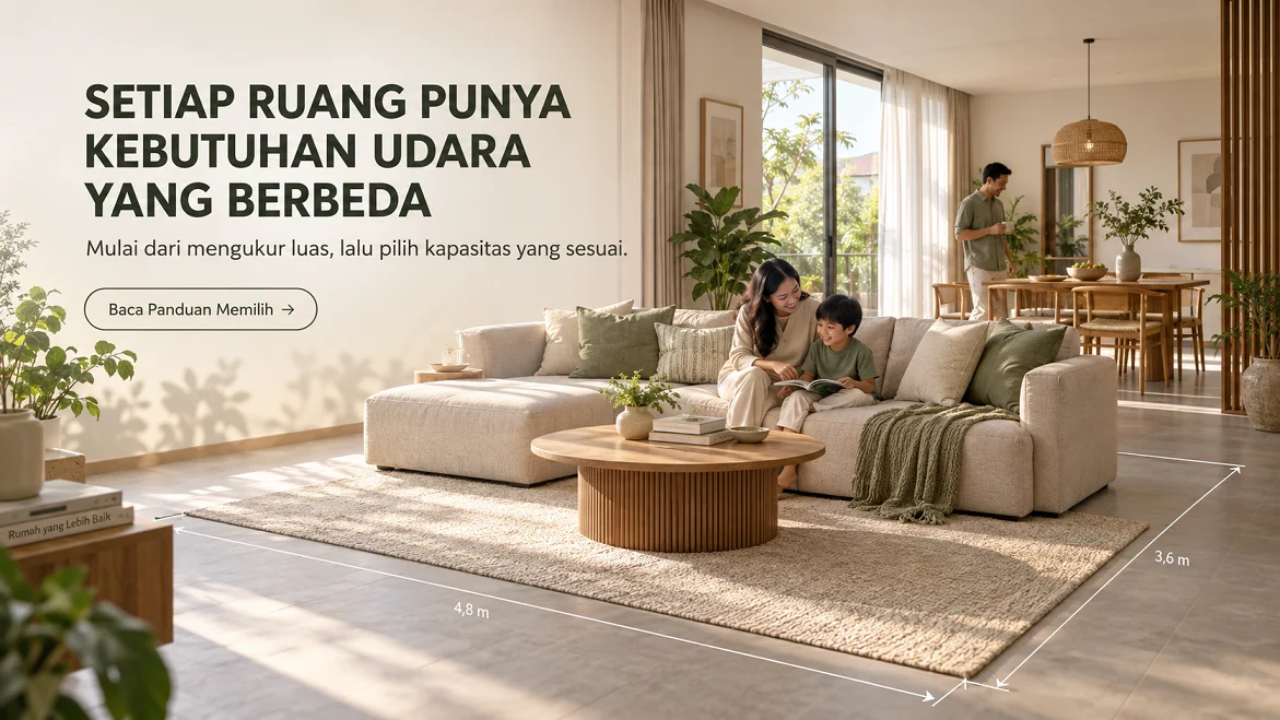 Ilustrasi ruang keluarga open plan dengan penanda panjang dan lebar untuk membantu memilih kapasitas air purifier.