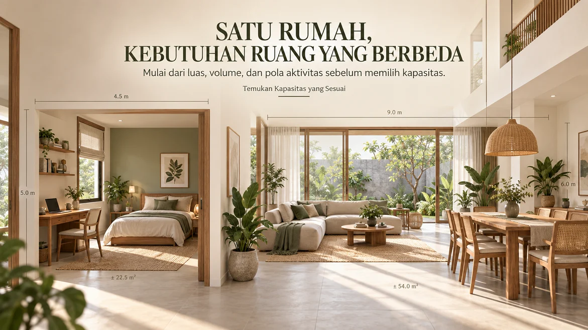 Kamar berukuran sedang dan ruang keluarga open plan memperlihatkan perbedaan kebutuhan kapasitas air purifier.