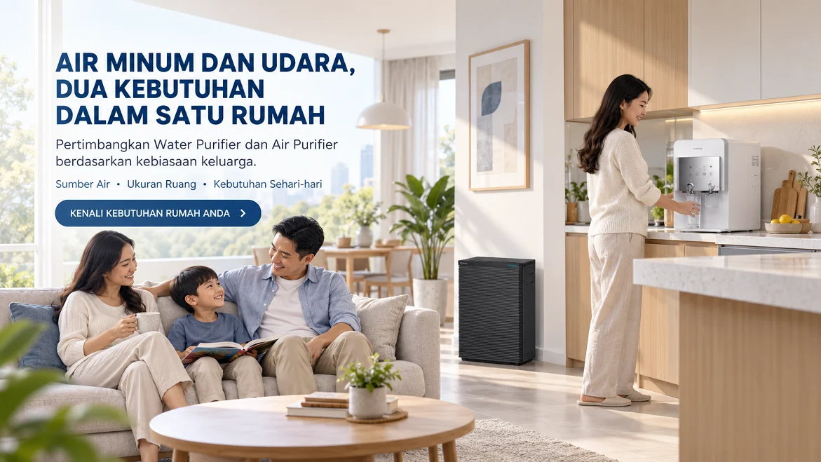 Keluarga Indonesia di rumah modern dengan Coway Squarefit di ruang keluarga dan Neo Plus di area dapur.