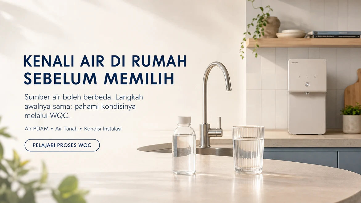 segelas air, dan Water Purifier Coway untuk edukasi proses WQC